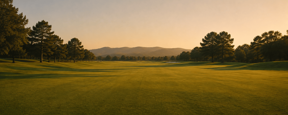 A scenic landscape photograph of a golf course fairway at sunset, featuring lush green grass, dark pine trees, distant mountains, and a warm golden sky.