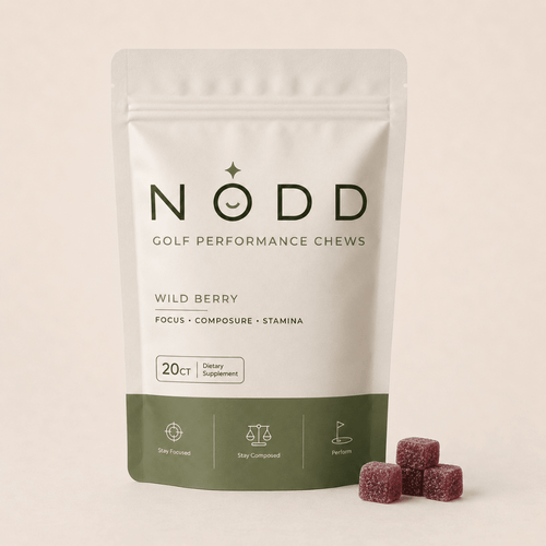 A stand-up pouch of NODD Golf Performance Chews in Wild Berry flavor, shown on a light beige background with three berry-shaped chews placed in front.