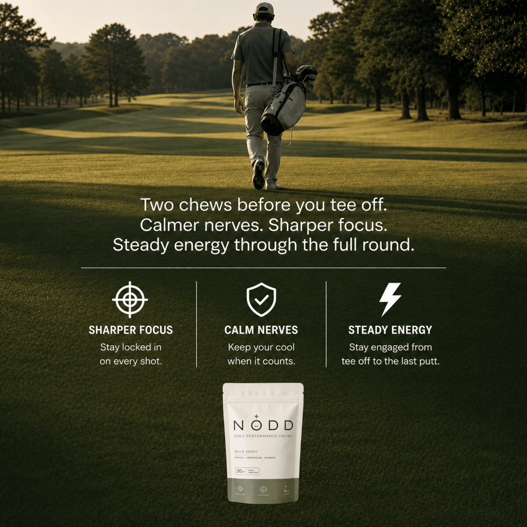 A golf course scene at golden hour with a man walking away with a golf bag, above marketing text for NODD Chews and a small product pouch shown at the bottom. The image is a promotional lifestyle graphic rather than a clean product-only shot.