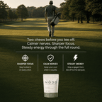 A golf course scene at golden hour with a man walking away with a golf bag, above marketing text for NODD Chews and a small product pouch shown at the bottom. The image is a promotional lifestyle graphic rather than a clean product-only shot.