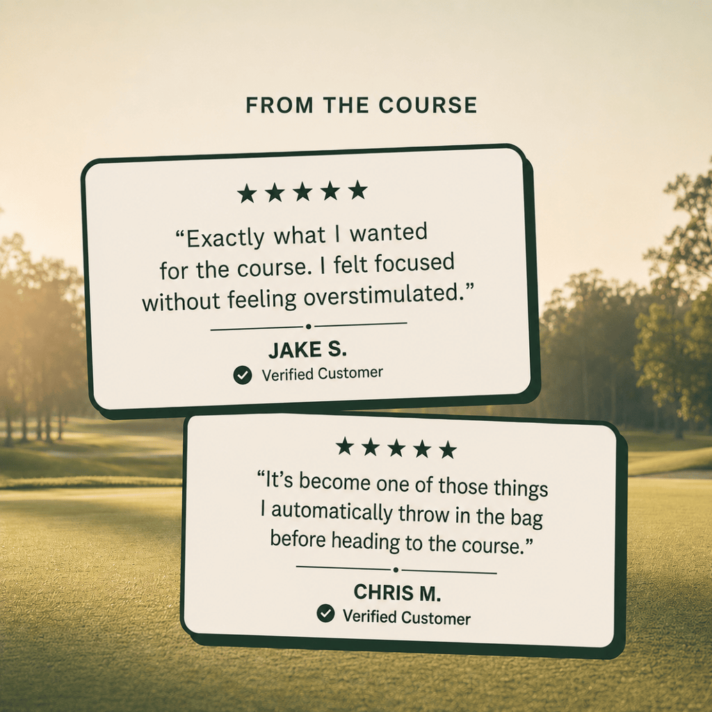 Two customer review cards with five-star ratings and verified customer badges, set over a blurred golf course background. The top card is labeled 'FROM THE COURSE' and features reviews by Jake S.