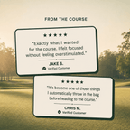 Two customer review cards with five-star ratings and verified customer badges, set over a blurred golf course background. The top card is labeled 'FROM THE COURSE' and features reviews by Jake S.