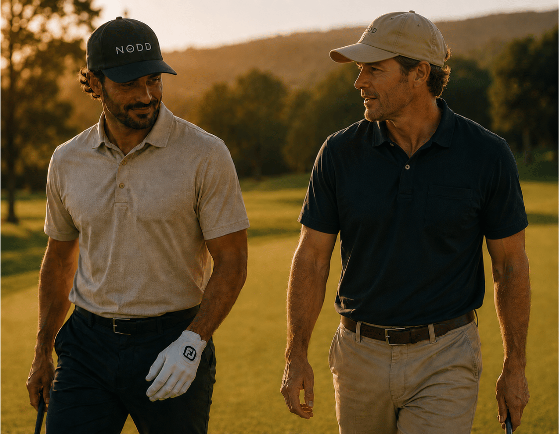 Two men walking and talking on a golf course during golden hour. One man wears a beige cap with 'NODD' embroidered on the front, a light beige polo shirt, dark trousers, and a white golf glove.
